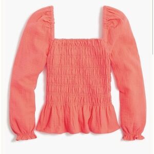 J. CREW Long-Sleeve Gauze Smocked Top Wildflower Pink Cotton Square Neck Medium